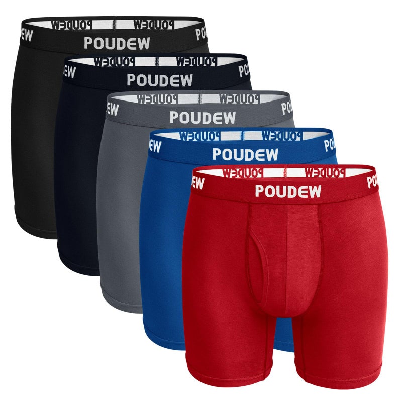 POUDEW Men's Breathable Viscose Moisture Wicking No Roll Waistband Tagless Underwear Boxer Briefs, Pack of 5 (XX-Large, Black/Grey/Navy/Blue/Red) - Image 1